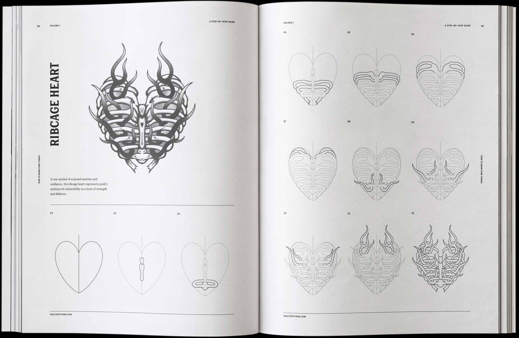 Open book spread with pencil sketches of punk heart and flame-like face designs