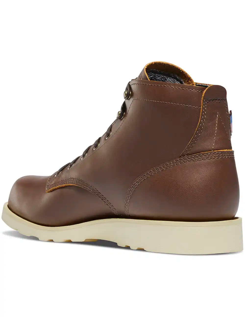 Brown 6-inch boot with rear collar stitching and lace hardware, cream sole
