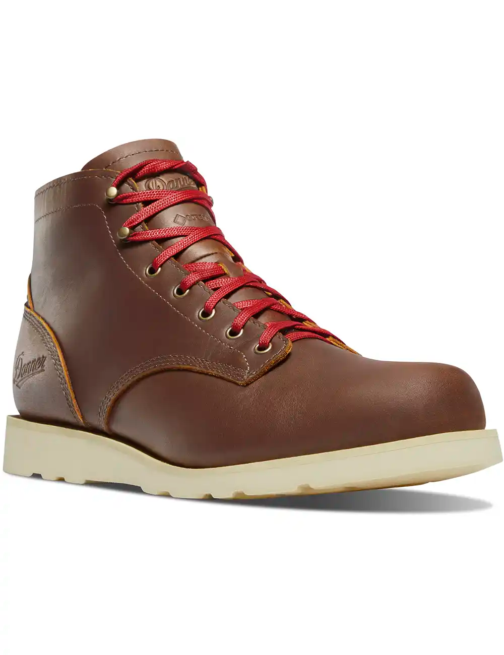 Brown leather 6-inch boot with red laces, padded collar and cream sole