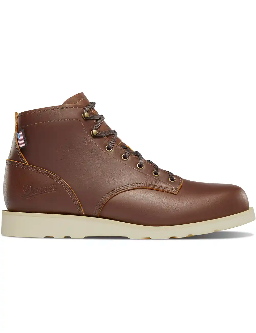 Brown lace-up 6-inch boot with Danner logo on side panel and cream sole