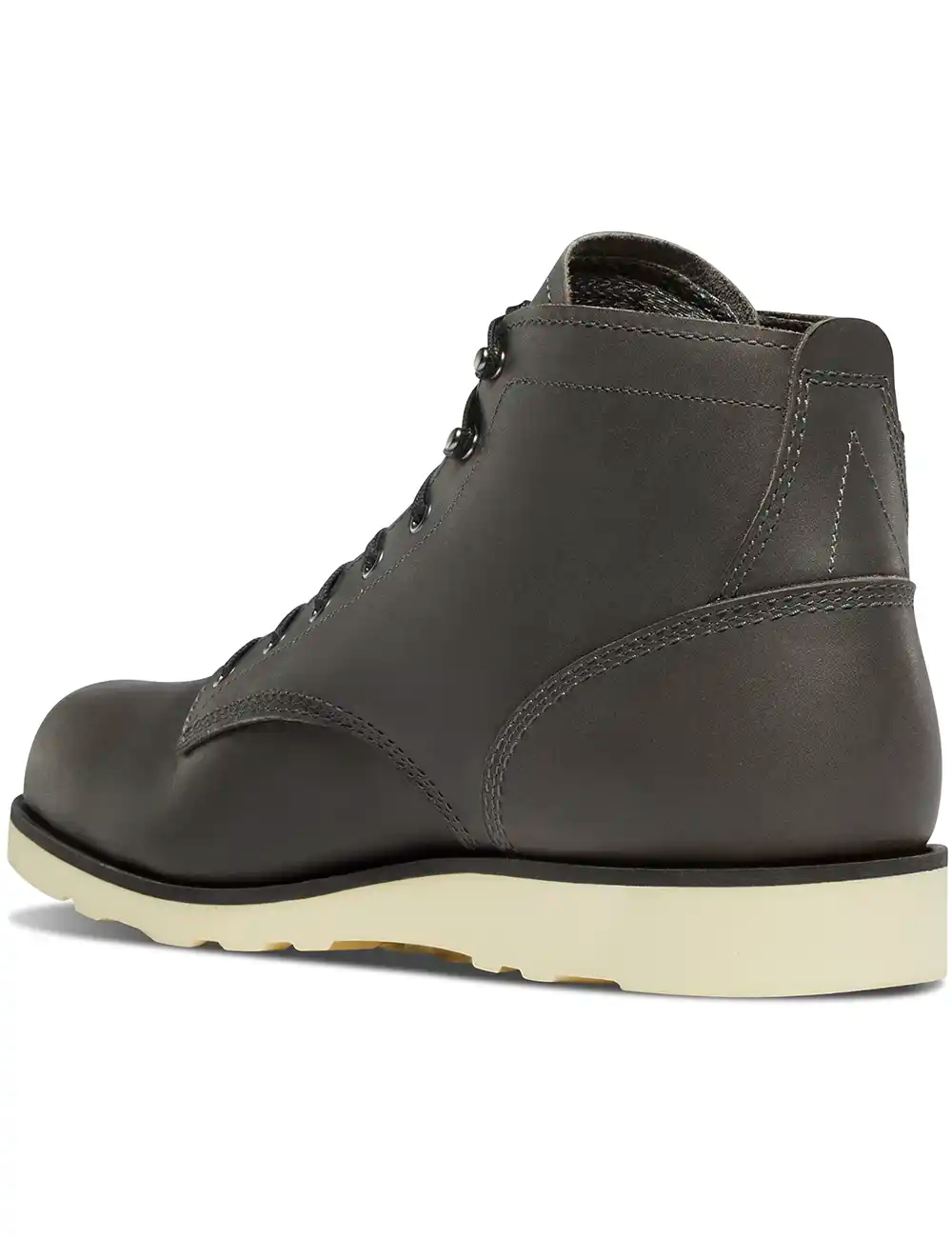 Dark charcoal ankle boot with heel pull tab and thick off-white rubber sole