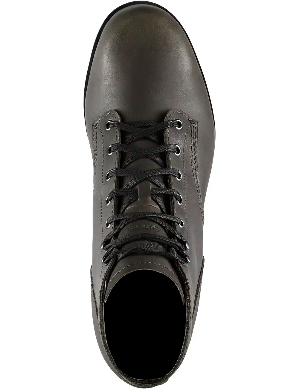 Front view of dark charcoal lace-up boot with black laces and metal eyelets