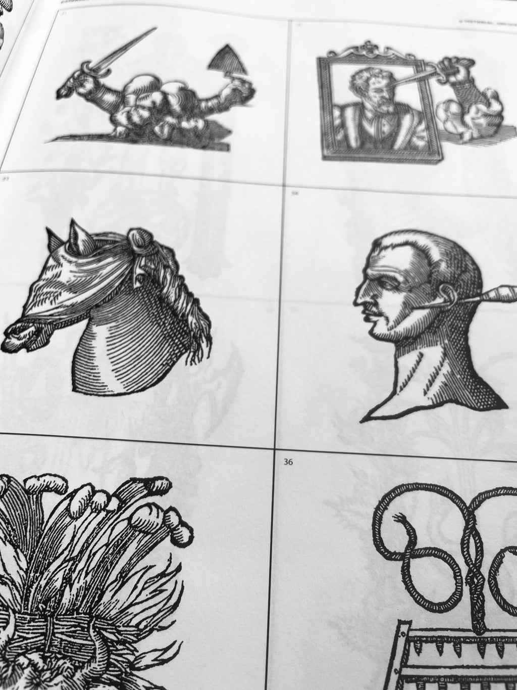 Black-and-white illustration page spread with horse, head, and ribbon designs