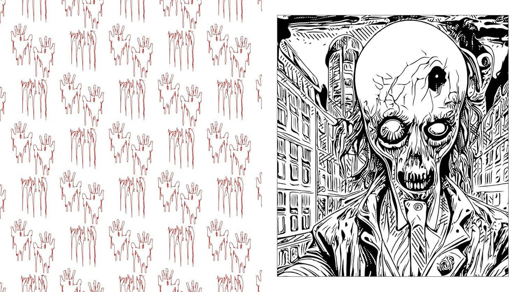Coloring book page with red dripping marks and black line-art skull man