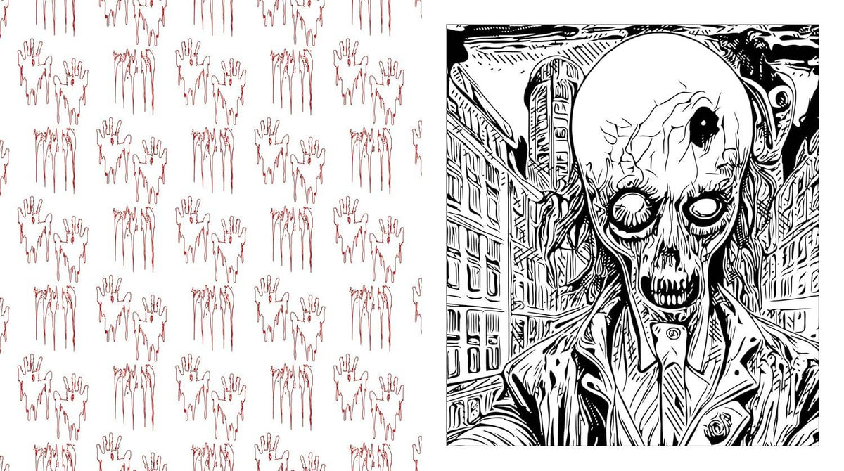 Coloring book page with red dripping marks and black line-art skull man