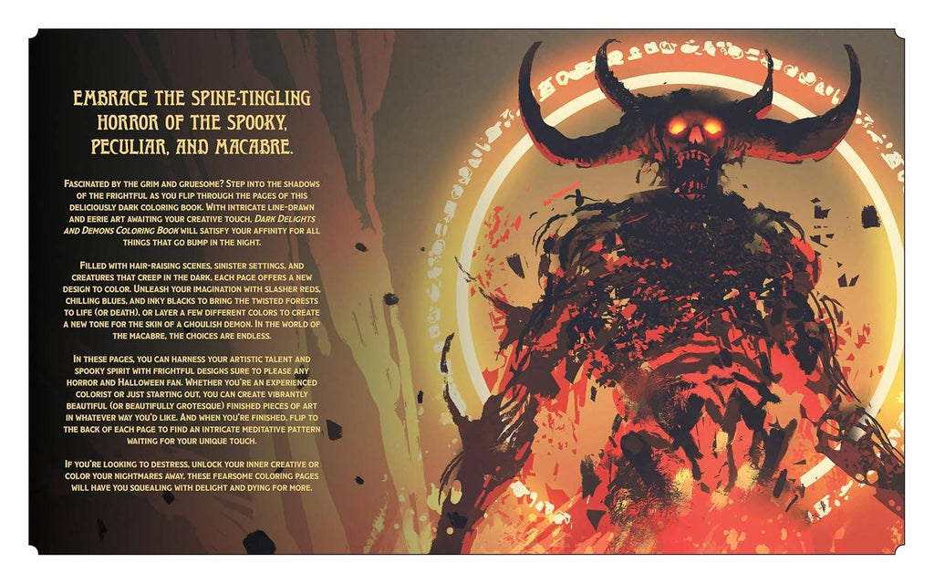 Coloring book back cover with fiery demon figure illustration and blocks of small text
