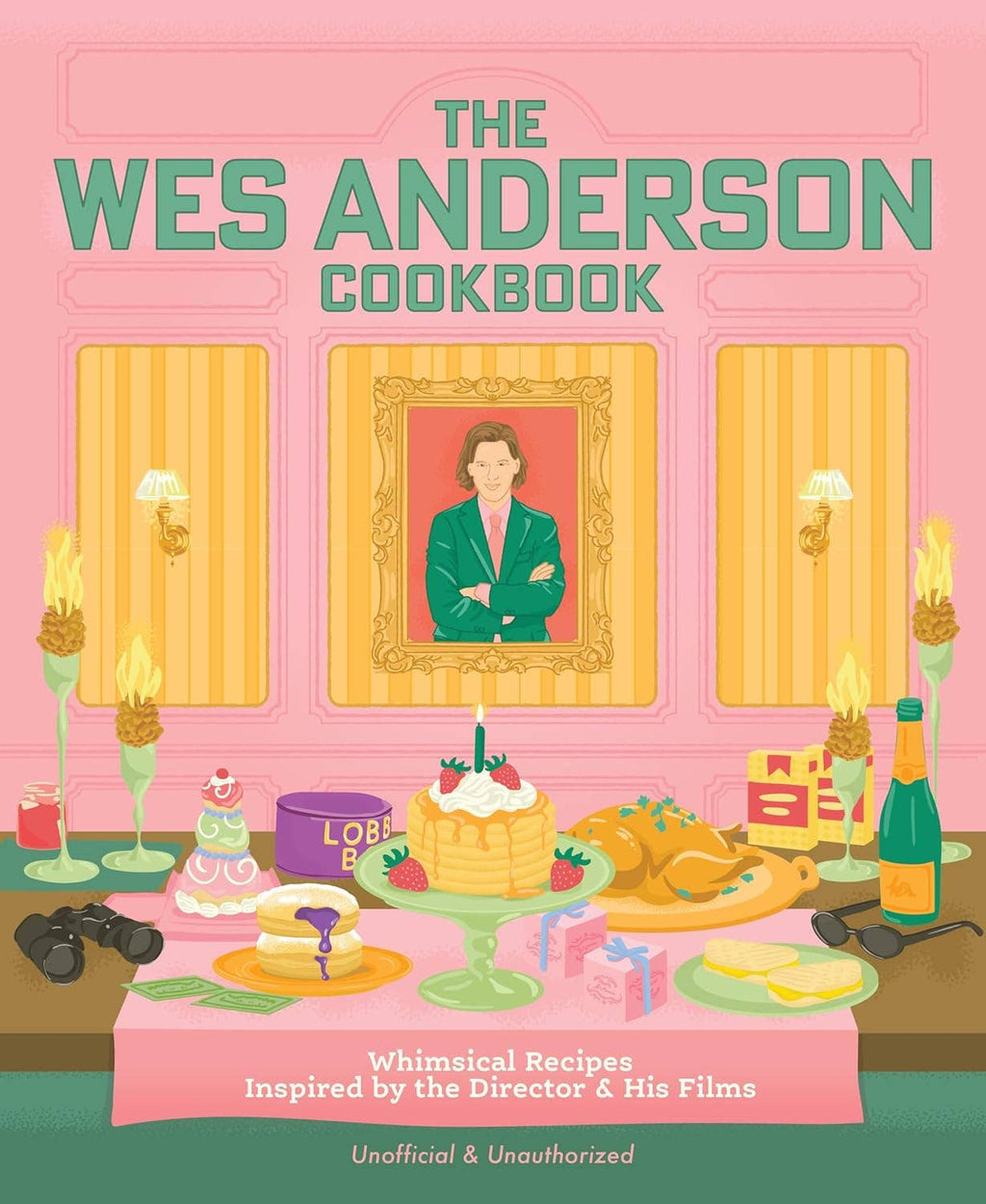 Wes Anderson cookbook cover with title text and illustrated food and portrait