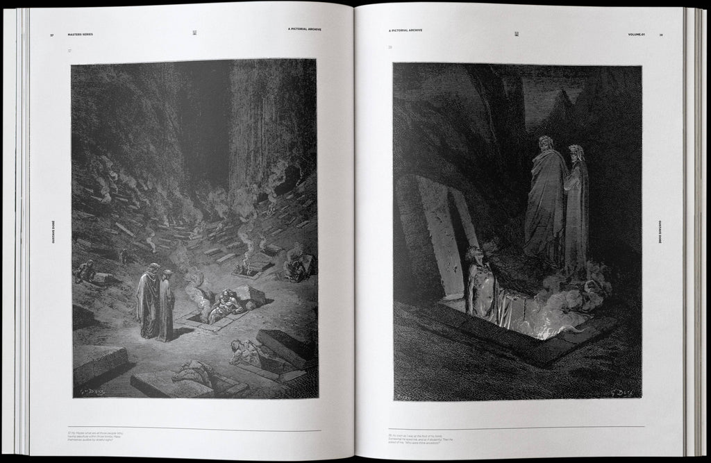 Open art book spread with two monochrome engravings of figures in a cave