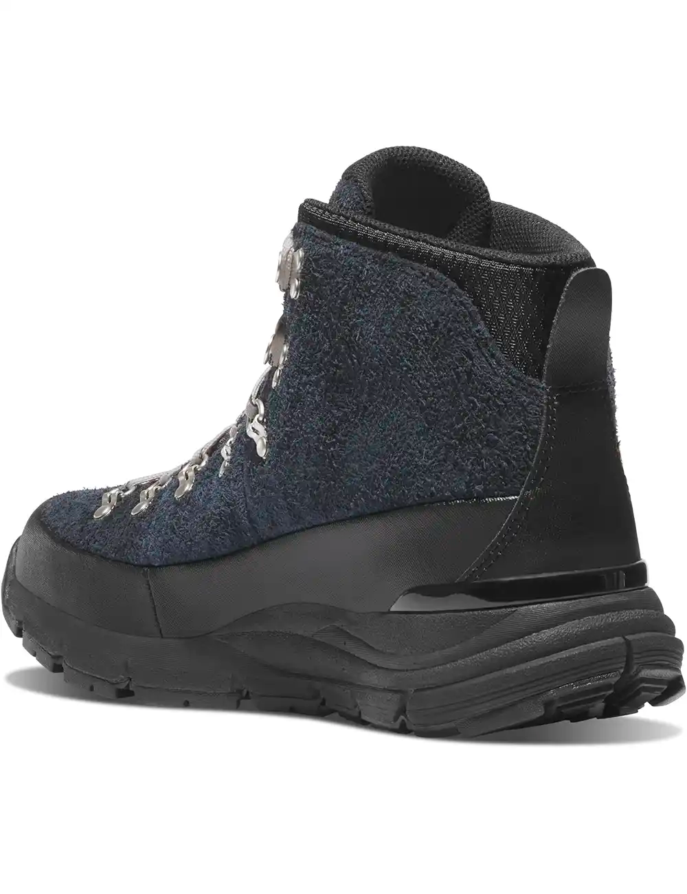 Dark blue-black high-top boot with rear padding, ankle pull tab, and rubber outsole.