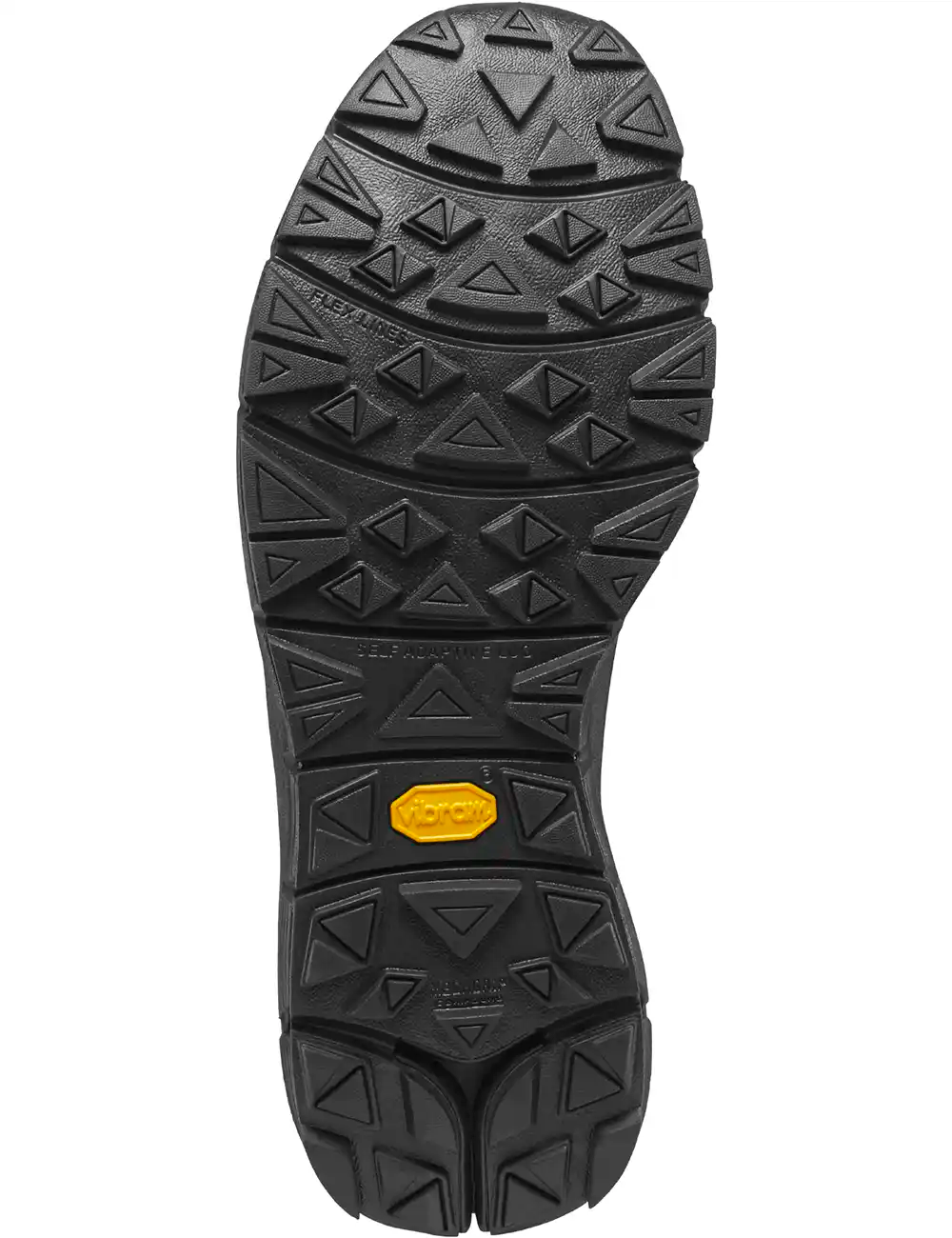 Black treaded boot outsole with raised traction pattern and yellow Vibram logo.