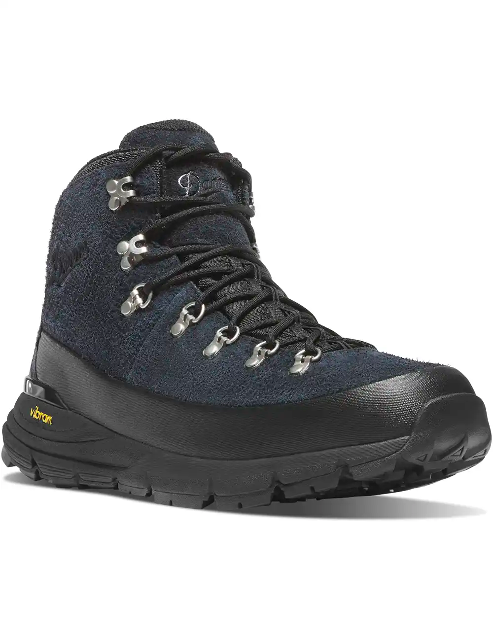 Dark blue-black hiking boot with lace-up closure, padded collar, and grippy rubber sole.