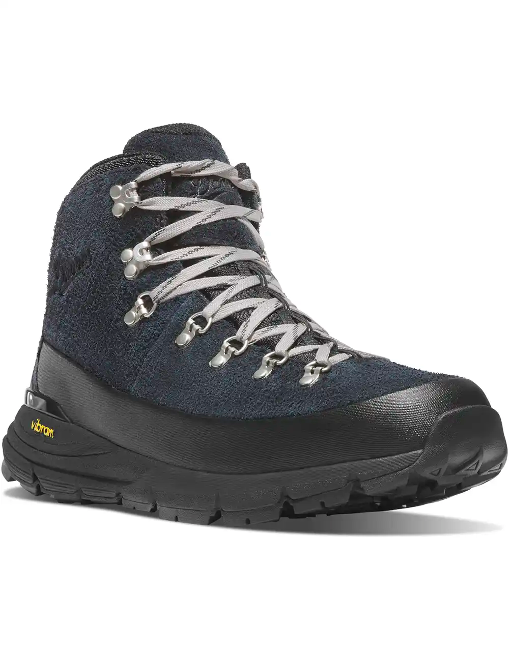 Dark blue-black hiking boot with lace-up closure and chunky treaded sole.