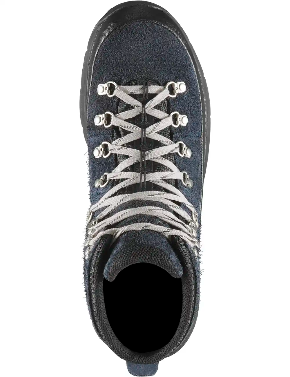 Dark blue-black lace-up boot with circular eyelets and open collar opening.