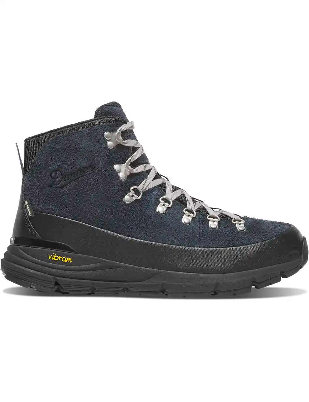 Dark blue-black high-top hiking boot with lace-up front and cushioned sole.