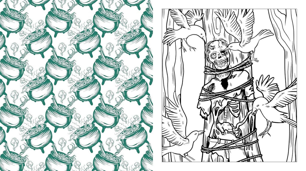 Coloring book page with teal bottle pattern and black line-art creature portrait
