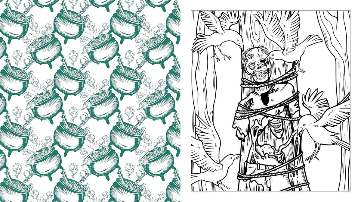 Coloring book page with teal bottle pattern and black line-art creature portrait