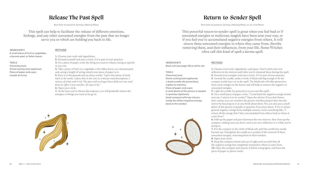 Spell book open spread featuring illustrated spell symbols on text pages