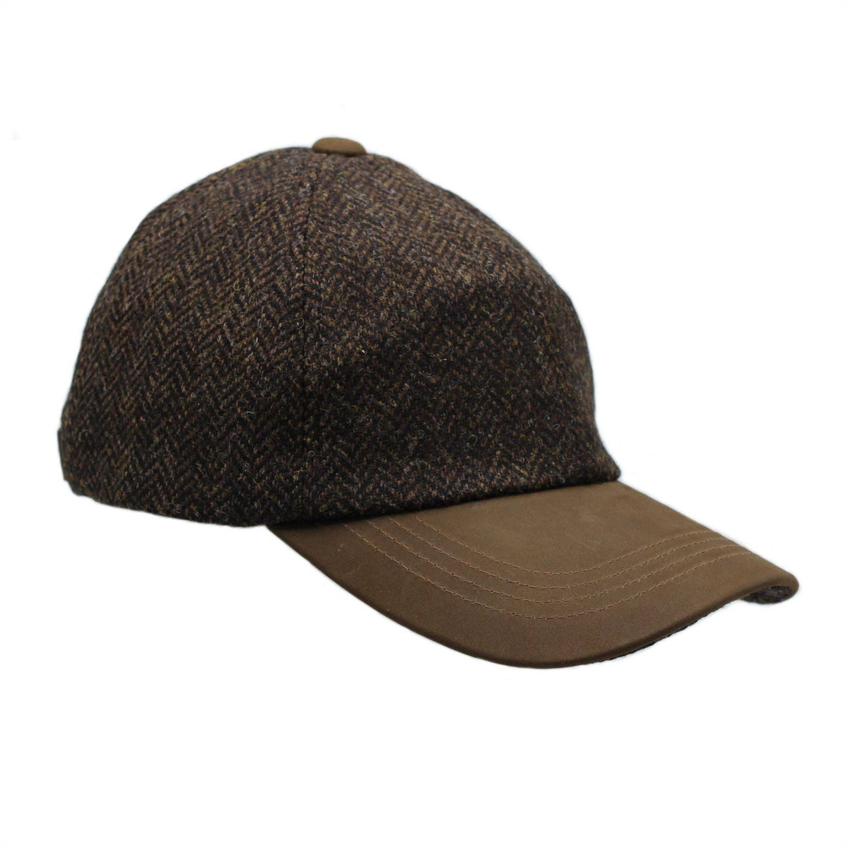 Brown tweed baseball cap with brown curved brim and small top button