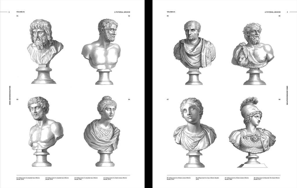 Open book spread with numbered grayscale bust head sketches on two pages