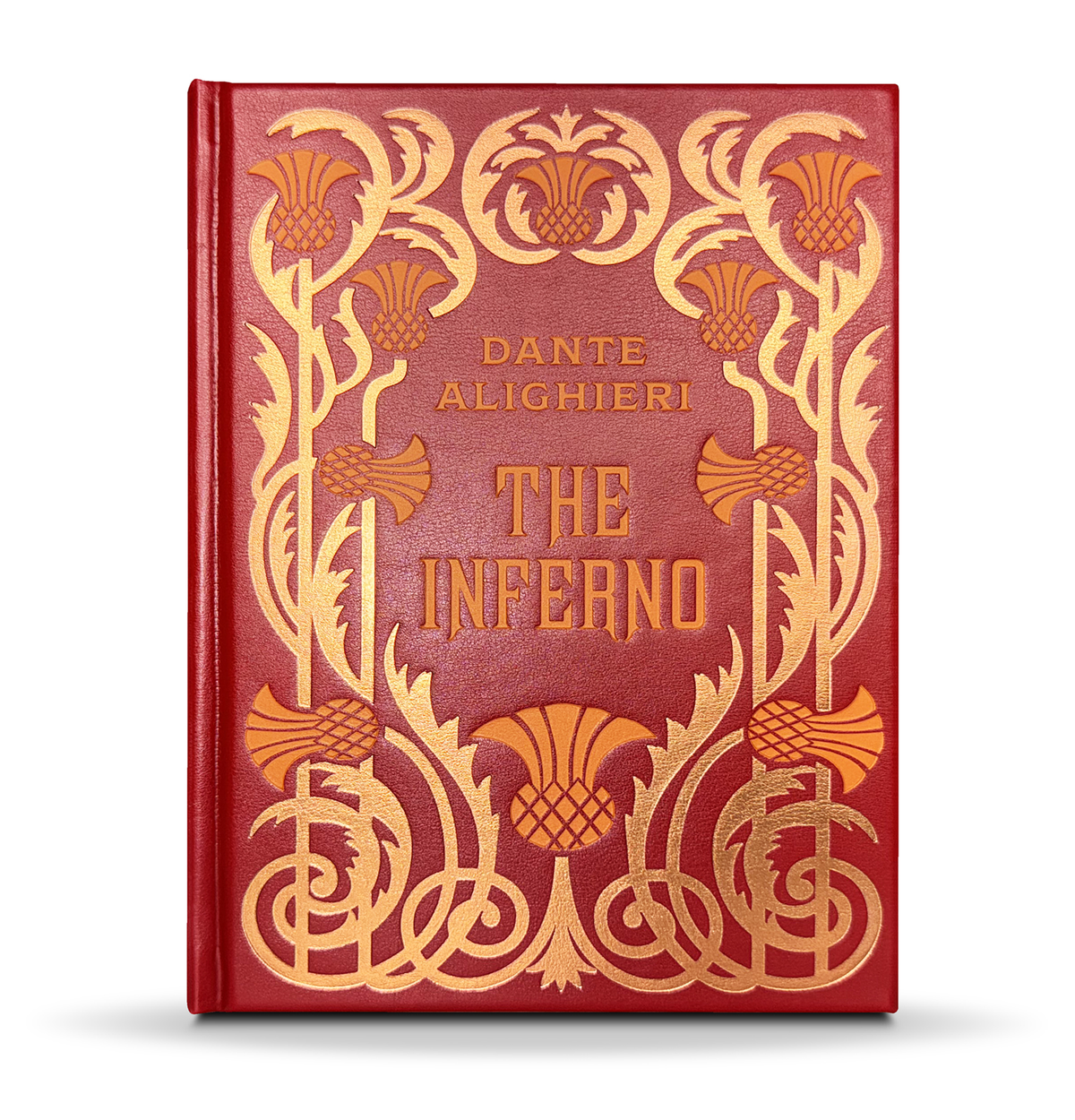 Red hardcover book with gold “THE INFERNO” title and ornate corner emblems