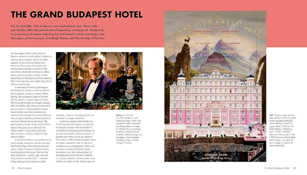 Open Wes Anderson book with text columns and a hotel-themed illustrated page layout