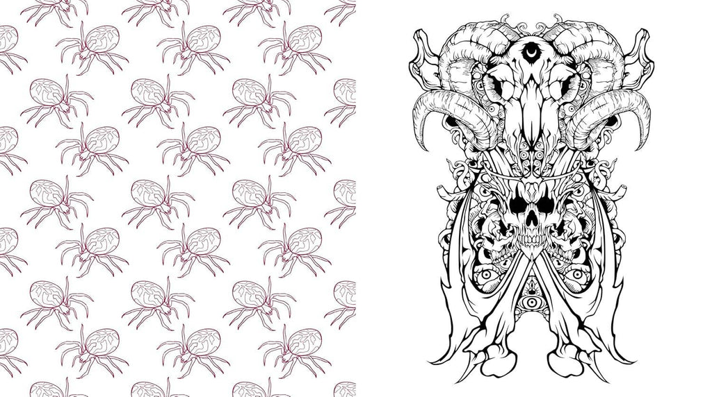 Coloring book page with black line-art monster and patterned background
