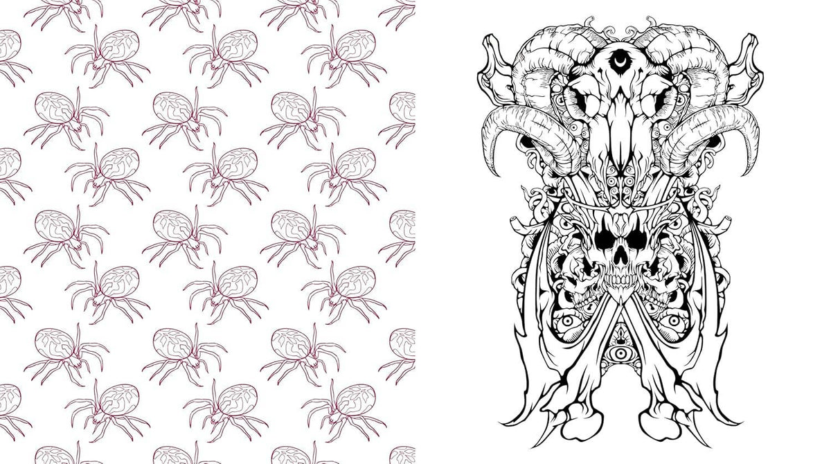 Coloring book page with black line-art monster and patterned background
