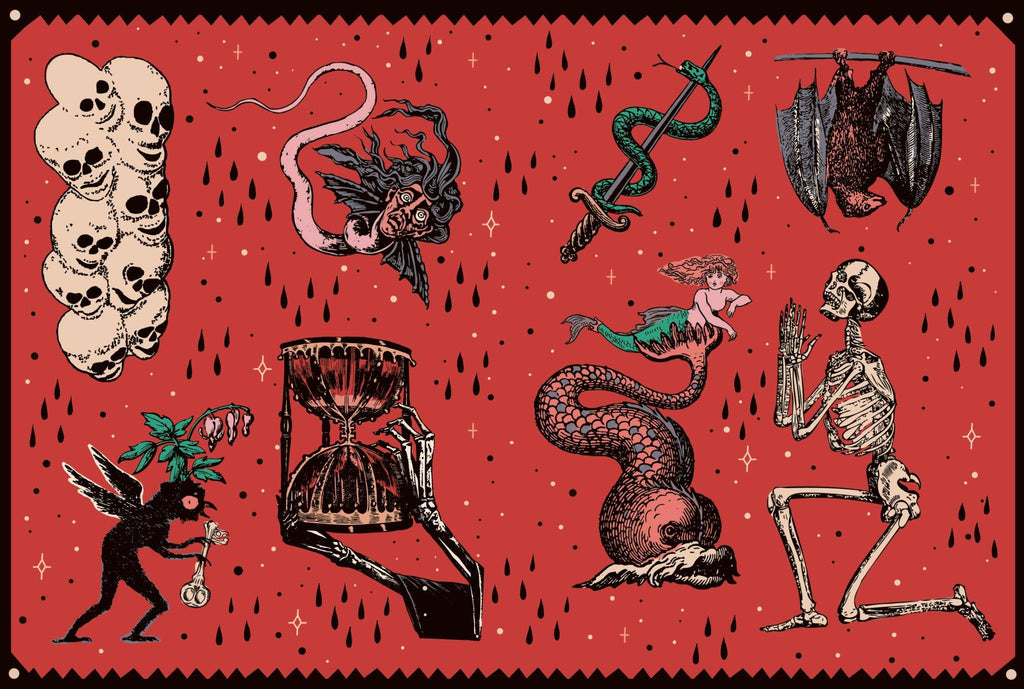 Gothic sticker sheet with red theme: snake, skull, dagger, and skeleton figure motifs