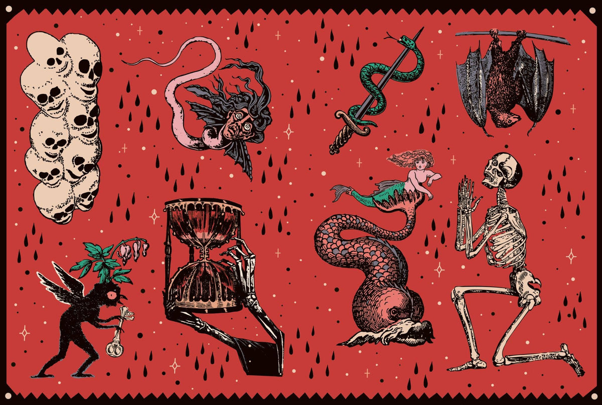 Gothic sticker sheet with red theme: snake, skull, dagger, and skeleton figure motifs