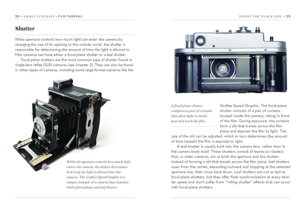 Film camera book spread with shutter explanations and a vintage camera shutter diagram