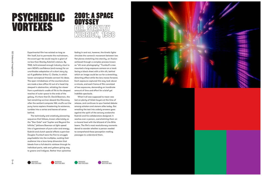 Book spread titled 'PSYCHEDELIC VORTEXES' with light-streak photo and color swatches
