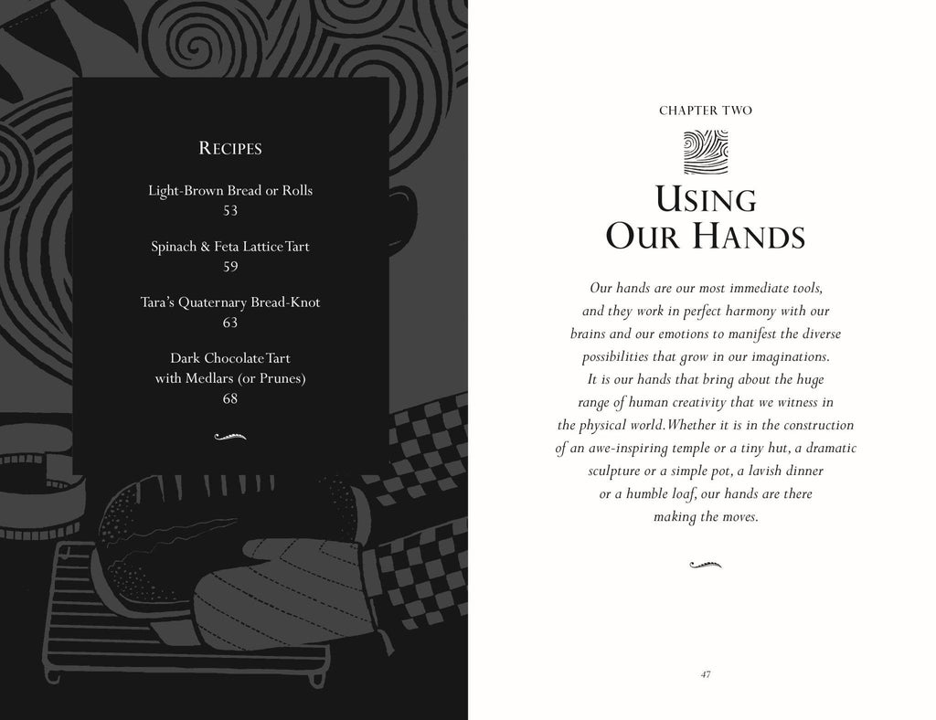 Book interior spread with chapter “Recipes” and list of baking recipes on left