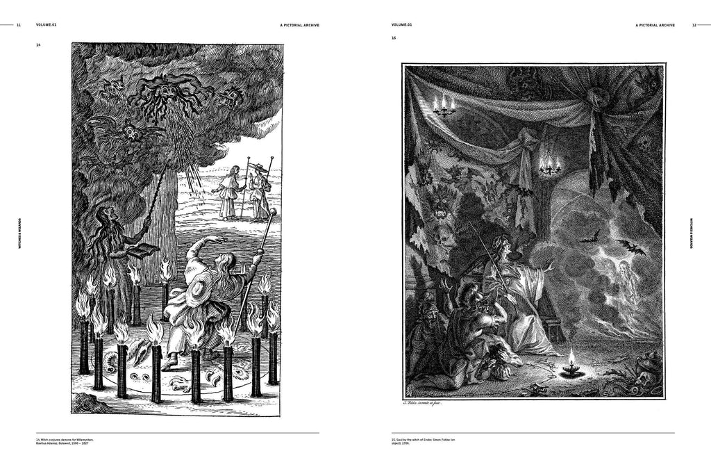 Open book spread with two black-and-white engravings of outdoor figures and a glowing cave