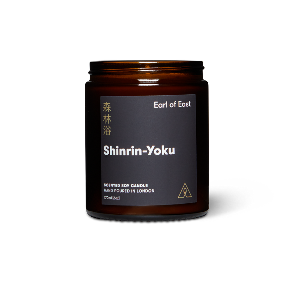 Soy wax candle jar with dark amber glass, black lid, Shinrin-Yoku label