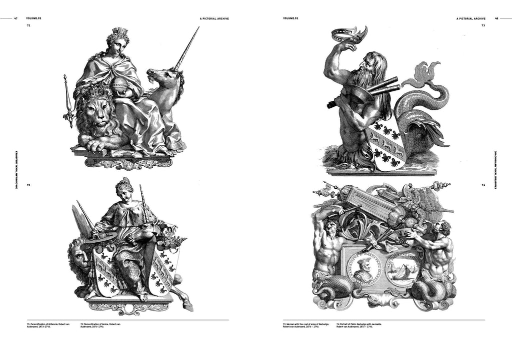 Open book spread with four black-and-white warrior and dragon engravings
