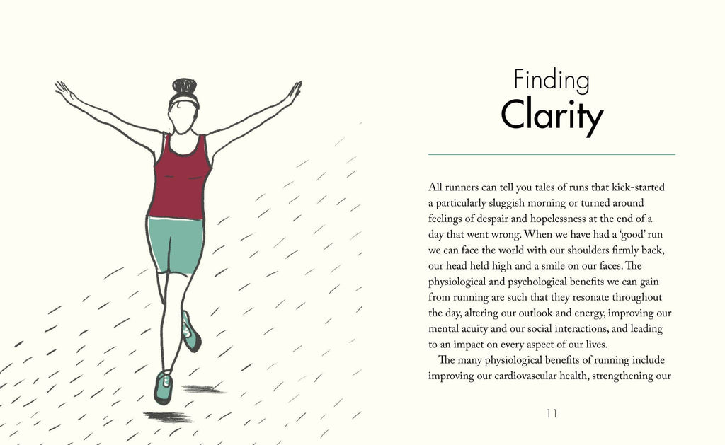 Book page with “Finding Clarity” heading and advice text for runners