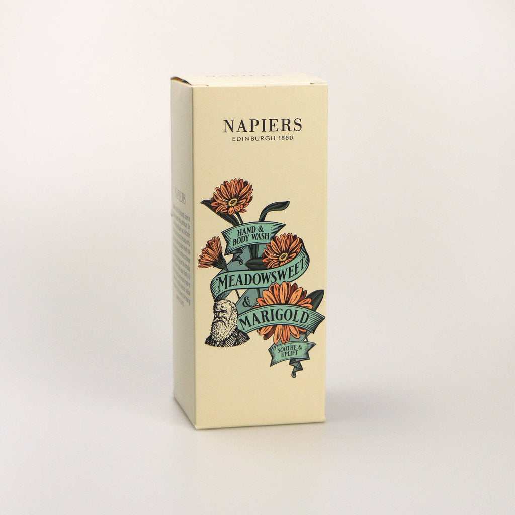 Hand and body wash box, cream with Meadowsweet & Marigold artwork and brand text