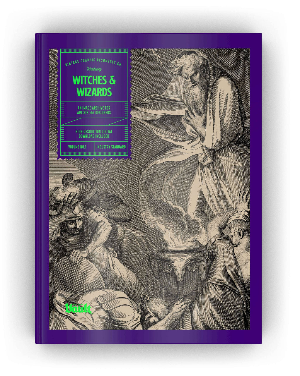 Purple hardcover art book with witches and wizards title and engraved cover figures