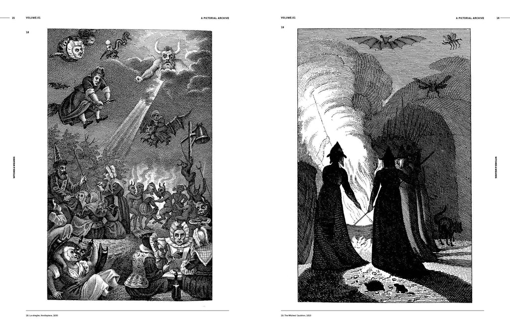Open book spread with two black-and-white engravings of a lively gathering and eerie cloaked figures