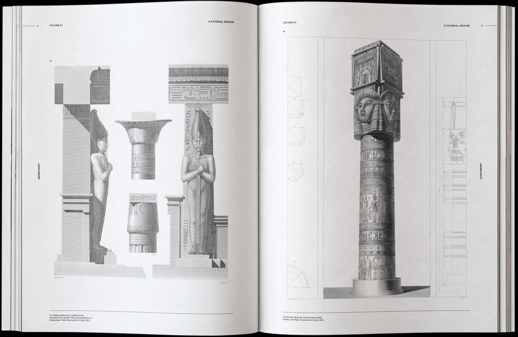Open Ancient Egypt book pages with black-and-white column and monument sketches