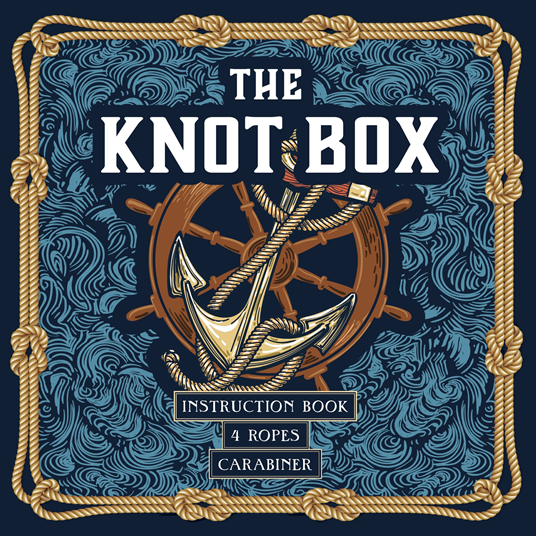 Blue knot instruction book cover with gold rope border and anchor wheel graphic
