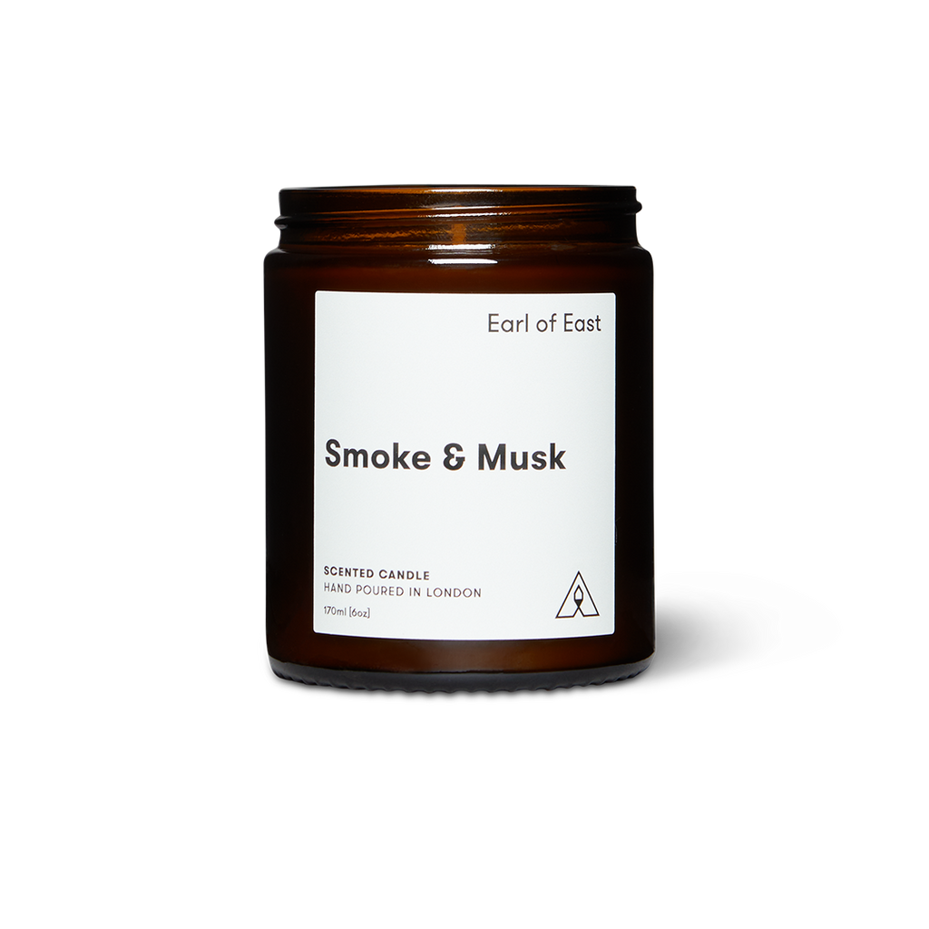 Soy wax scented candle in amber glass jar with black lid, Smoke & Musk
