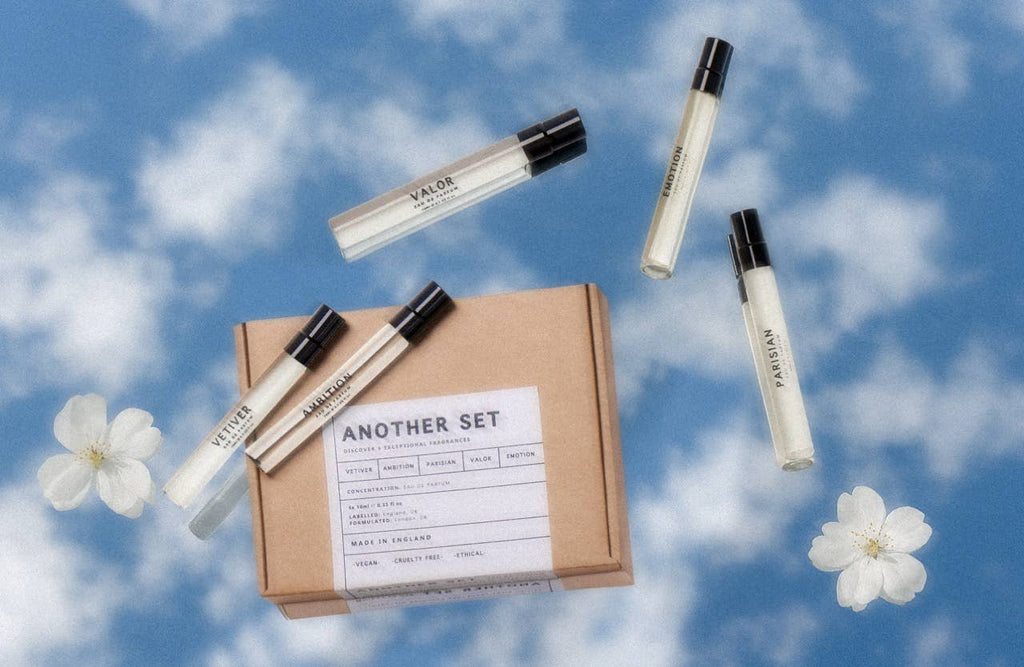Unisex fragrance set with five 10ml EDP spray vials and kraft packaging