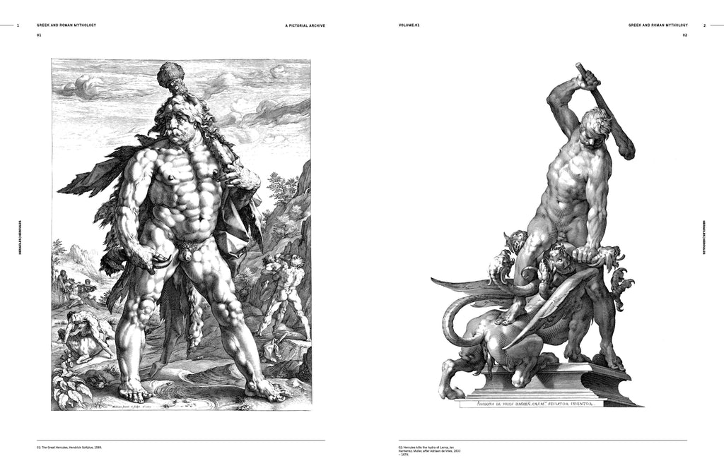 Open book page with two engraved scenes of classical myth figures and armored statue bodies