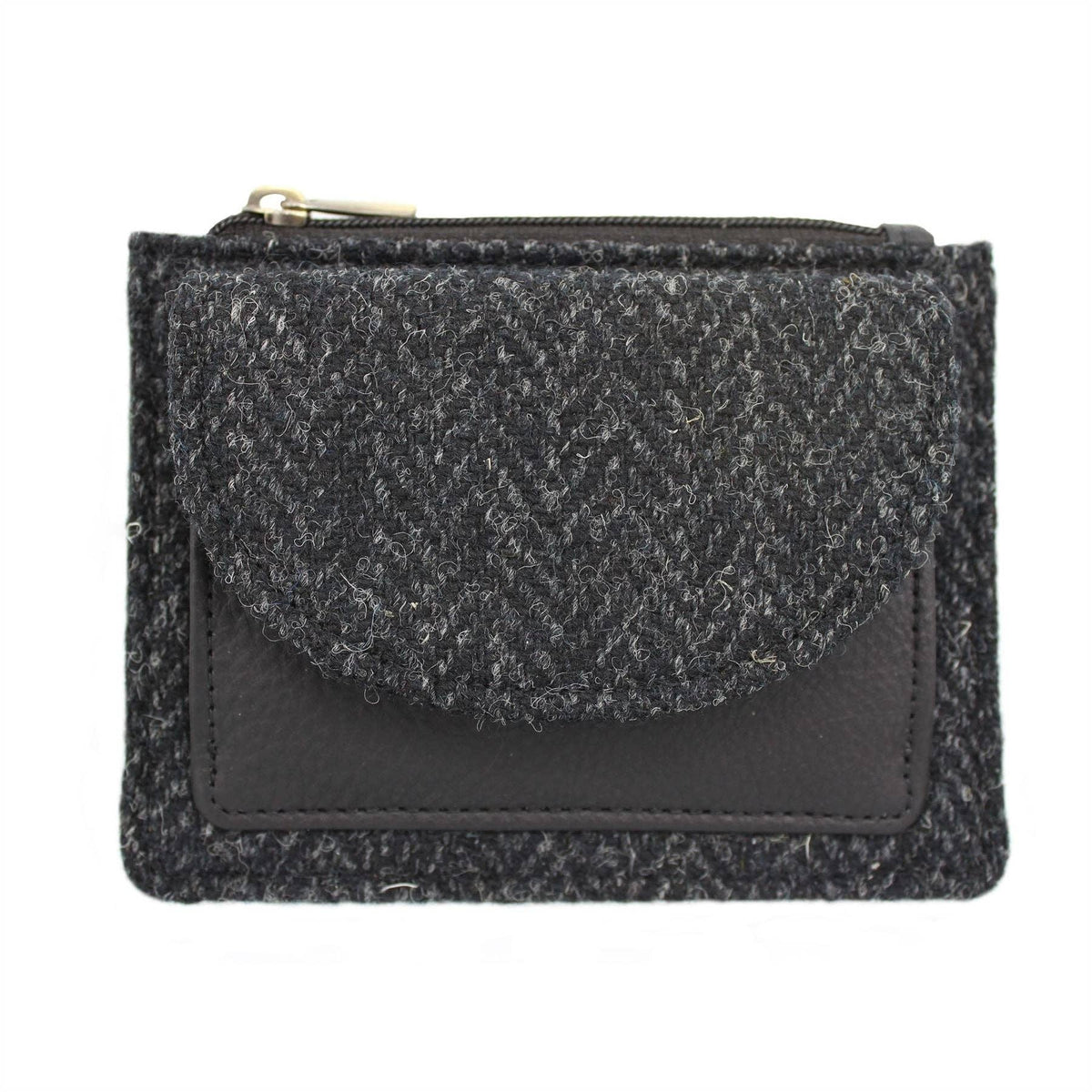 Charcoal tweed coin card wallet with zip and leather-trimmed flap