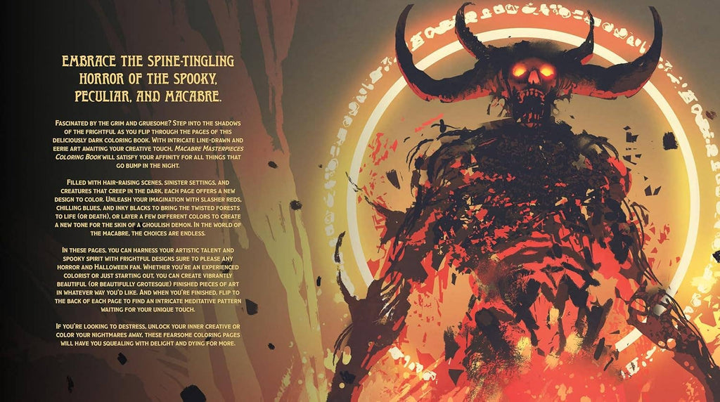 Coloring book page featuring a demon figure with glowing orange head