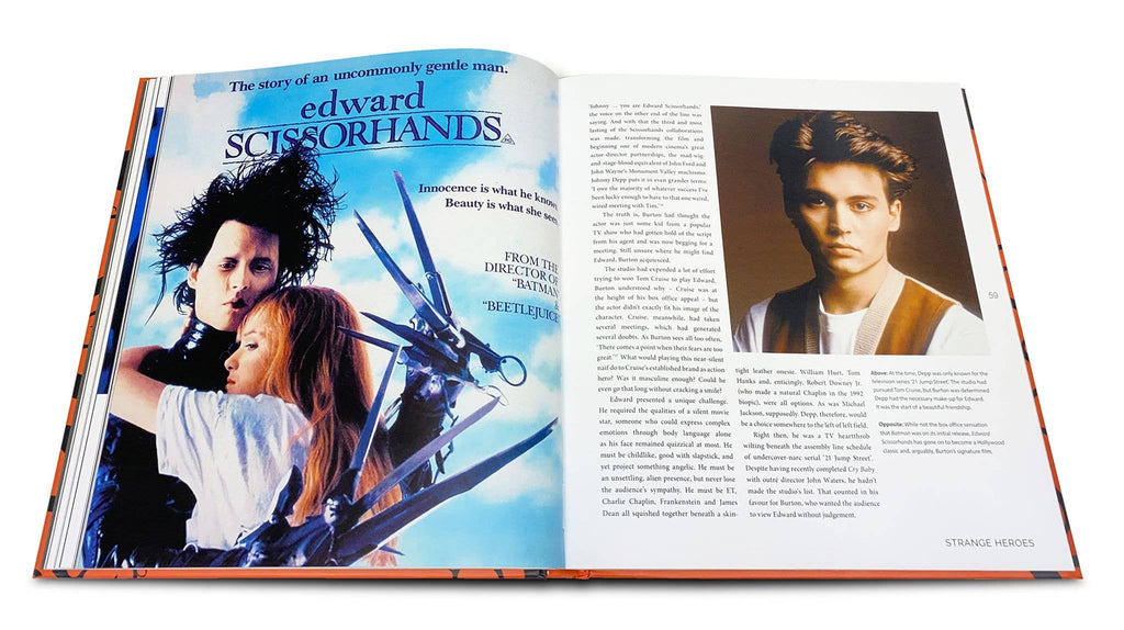 Open hardcover book showing blue and orange movie stills with text columns