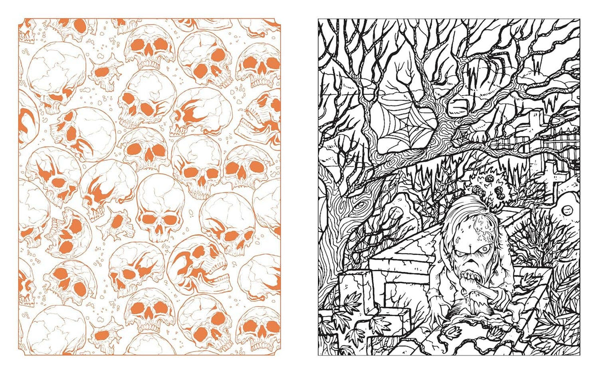 Open coloring book pages with orange skull pattern and black-and-white monster illustration