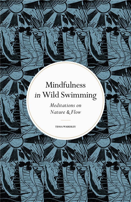 Wild swimming mindfulness book cover with blue pattern and circular title label
