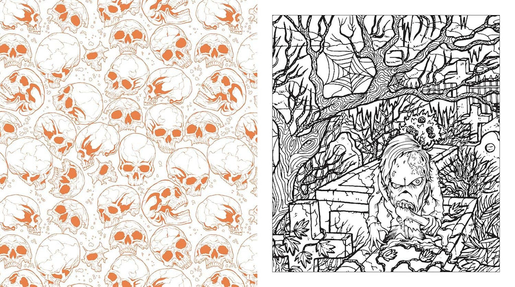 Coloring book page with orange skull pattern and line-art monster scene